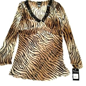 NY COLLECTION orange black tiger print v neck sequin blouse top